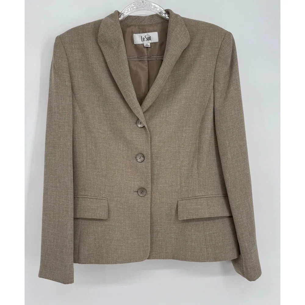 Le Suit Womens Taupe Brown 3-Button Blazer Career Jacket Sz 12 Notched Lapel